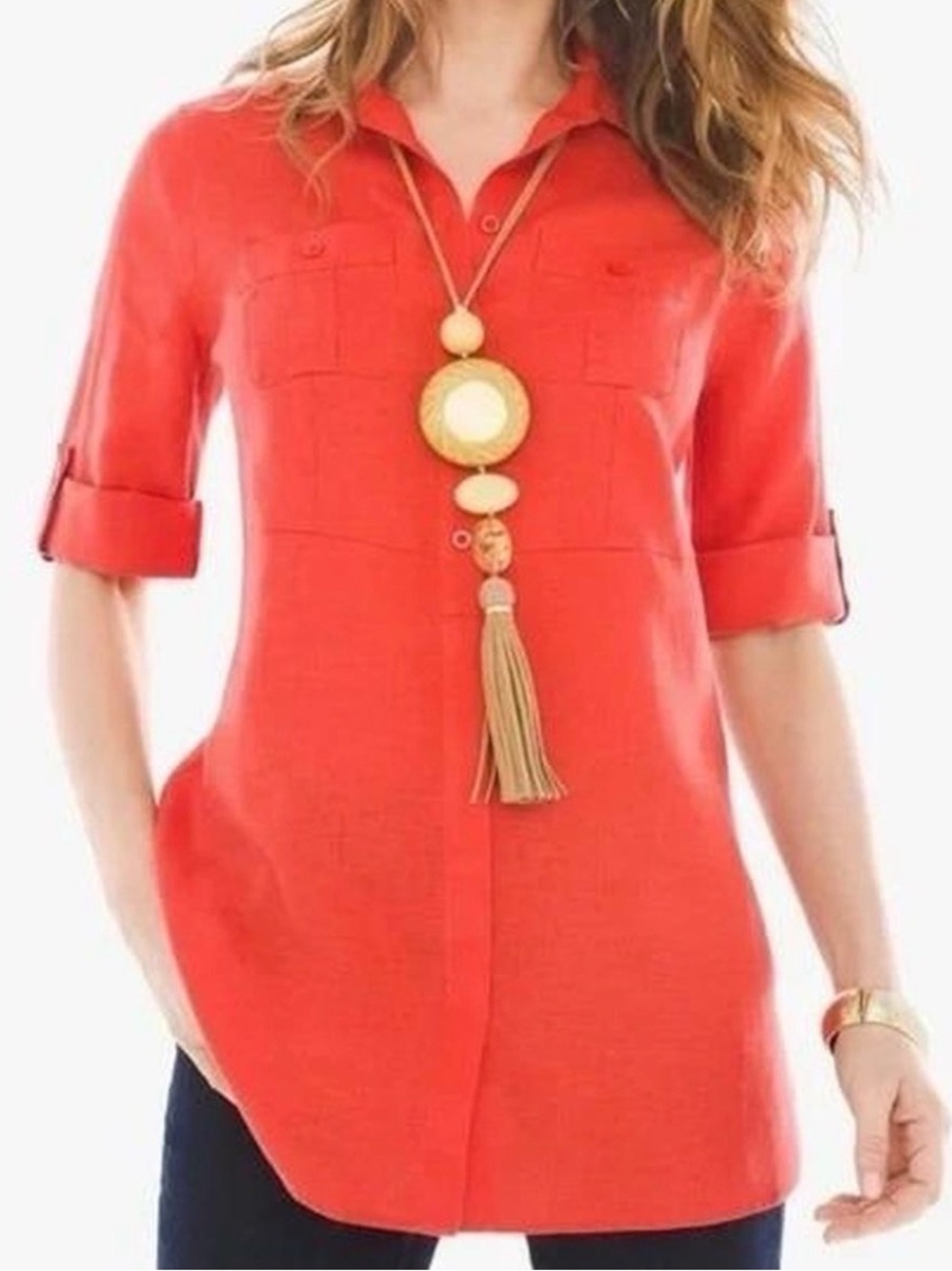Chico's Red Orange No Iron Pocket Linen Blouse Women's Size 3 (US size XL)  New